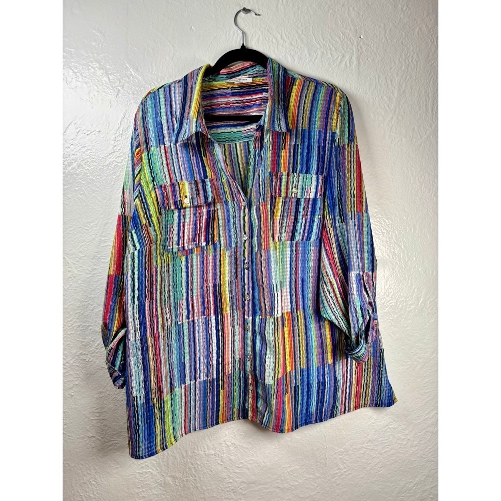 Button Up Shirt Womens 3X Rainbow Semi Sheer Roll Tab Artsy Dopamine Eclectic